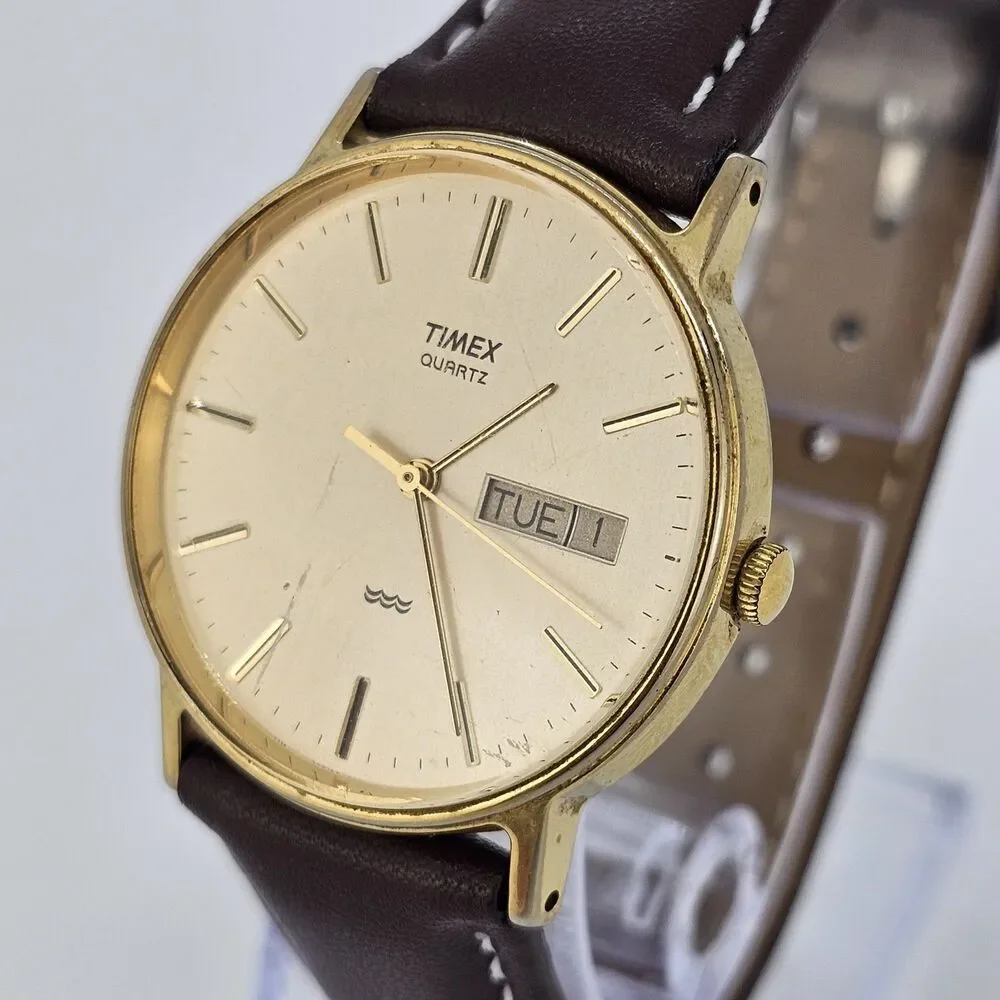 VTG Timex Men's Watch 32MM Gold Dial DayDate New Brown Leather Bands New Battery